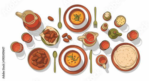 Flat lay of various Indian dishes and condiments arranged on plates and bowls with utensils on a white background.