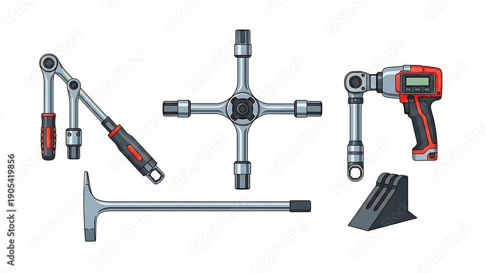 Fototapeta premium Automotive Wheel Changing Tools Set Isolated on White Background.