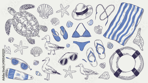 Vintage Beach Sketch Set with Coastal Icons, Summer Sea Vacation Elements Isolated on White Background, Hand Drawn Mediterranean Doodles with Bikini, Sunglasses, Hat and Chair