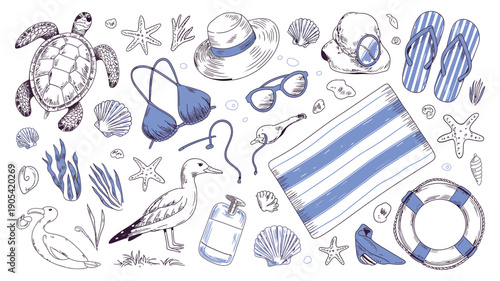 Vintage Beach Sketch Set with Coastal Icons, Summer Sea Vacation Elements Isolated on White Background, Hand Drawn Mediterranean Doodles with Bikini, Sunglasses, Hat and Chair