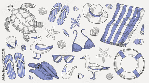 Vintage Beach Sketch Set with Coastal Icons, Summer Sea Vacation Elements Isolated on White Background, Hand Drawn Mediterranean Doodles with Bikini, Sunglasses, Hat and Chair