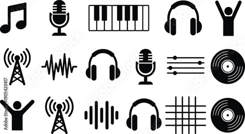 Music and audio equipment icon set featuring microphone, headphones, piano keys, vinyl record, radio tower, sound waves and musical notes.
