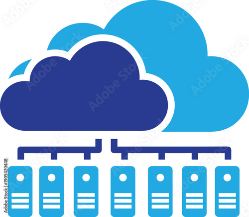 Hybrid cloud infrastructure diagram showing multiple server units connected to large storage network