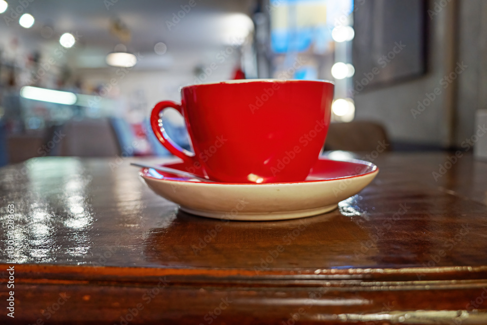 Fototapeta premium Red ceramic coffee cup on wooden table in cafe.
