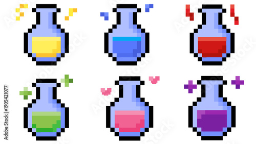 Vibrant pixel art potions collection featuring various colored liquid elixirs with magical effects, ideal for game assets and fantasy digital designs