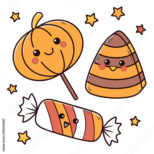 Illustration of halloween candies pumpkin lollipop candy corn and wrapped sweet with star accents scattered around