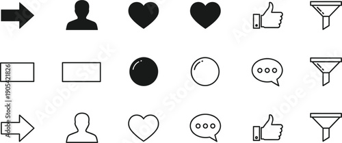 Minimalist black and white user interface icon set including heart like thumbs up profile arrow and speech bubble for mobile app and web design.
