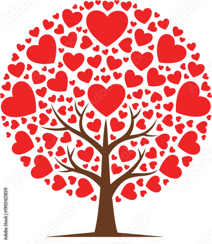 Red heart tree vector illustration with romantic leaf shapes forming a circle for Valentine's Day wedding love concept and charity symbol design.