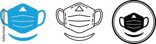 Protective medical face mask icon set in blue and black line styles for healthcare safety pandemic prevention surgical equipment and hospital hygiene signage design.