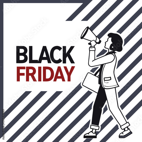 Woman with megaphone announces black friday sale in front of striped background and text on a white backdrop