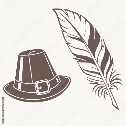 Illustration of a pilgrim hat with a buckle and a feather on a white background in brown tones