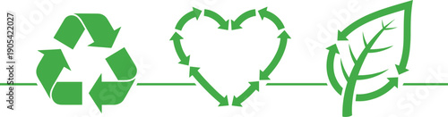 Set of green ecology recycling icons with a classic recycle symbol heart shape arrows and leaf design for sustainable and eco-friendly branding.
