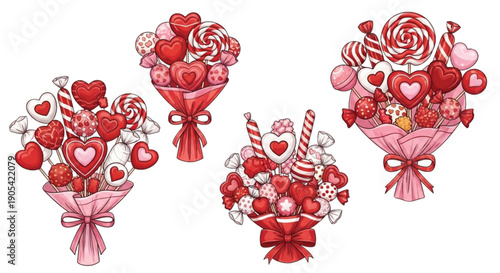 Valentines Candy Bouquet Set with Heart Lollipops and Sweet Treats