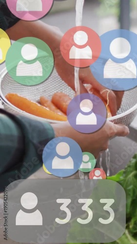 Vertical video: Hands rinsing carrots at tap, making icons float and counter reaching 999 for food