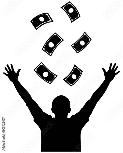 Silhouette of person celebrating financial success with floating money bills, minimalist black and white illustration of wealth and abundance.