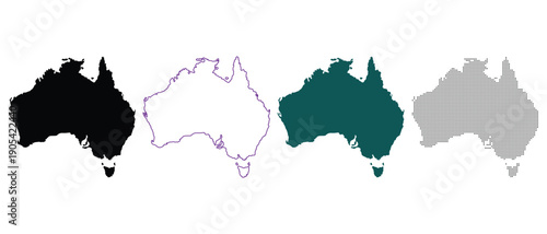 Australia Map Silhouettes in Different Styles on White Background
