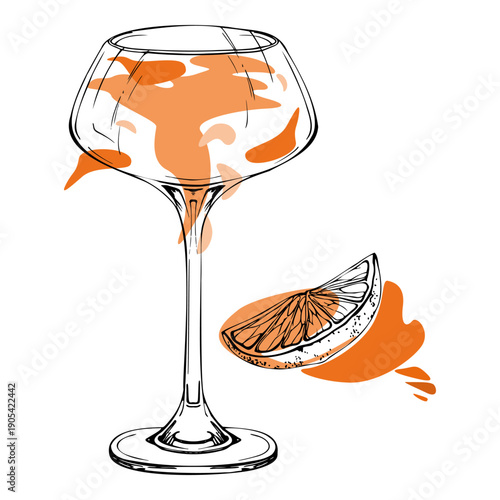 Sleek ink art, citrus exotic fruit juice drink in coupe hand drawn glass. Vector with orange slice garnish detail and color pop. Perfect for print branding, bar illustrations, or editorial spreads.