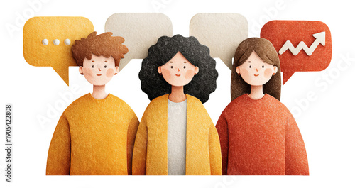 Three Diverse Characters with Speech Bubbles in Colorful Paper Art Style