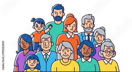A happy and diverse multi-generational family group portrait illustration.
