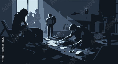 Mystery puzzle solving in dark room with shadowed figures