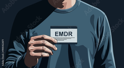 Person holding emdr card with calm expression in detailed art style
