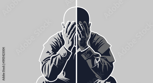 Bifurcated portrait of man covering face in thoughtful expression