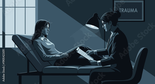 Monochrome scene of therapy session with therapist and patient in calm setting