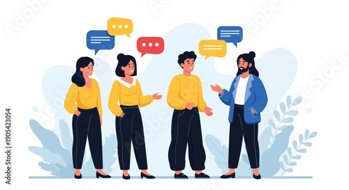 Diverse group of people communicating with speech bubbles