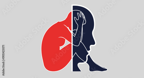 Duality of human emotions conceptual art with red and blue silhouette