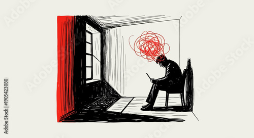 Abstract concept of mental overload in solitude with a scribbled mind