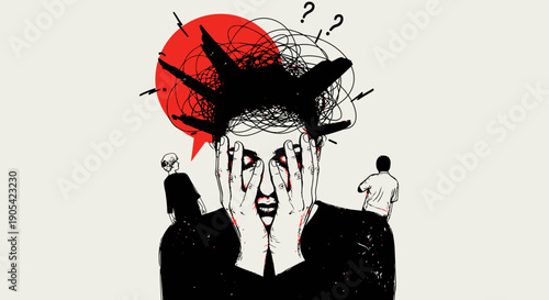 Chaotic mind concept with emotional stress and confusion in modern art style