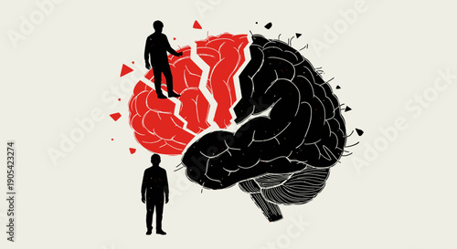 Abstract concept of mental health: human silhouettes interacting with cracked brain design