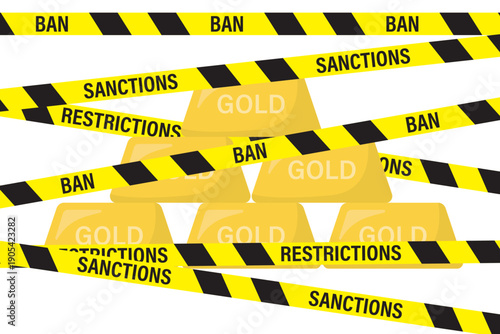 Gold bars in warning tapes. Restriction on the use of gold. Ban on exchange. Sanctions against metals markets. Ban on transactions and trading precious metals