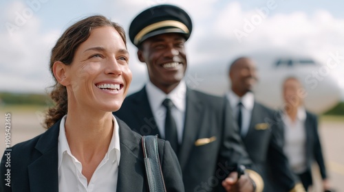 Diverse airline crew in uniform smiling on tarmac