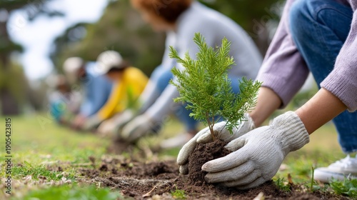 Group planting trees outdoors: hands-on environmental conservation activity