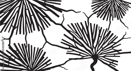Black and white illustration of dandelion flowers and branches