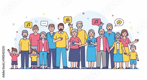 Diverse group of people using smartphones for social media and communication.