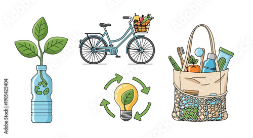 Eco-friendly and Sustainable Lifestyle Set: Recycling, Green Energy, Zero Waste Shopping, and Sustainable Transportation Icons