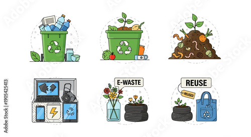 Waste Management Concepts Vector Illustration Set: Recycling, Organic Waste, Composting, E-Waste Disposal, and Reuse Icons for Sustainable Living and Environmental Protection.