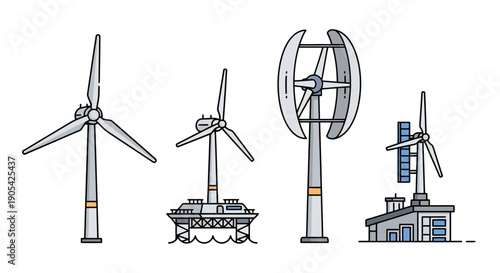 Set of wind turbine icons showing different types of wind energy technologies including horizontal axis, offshore floating, vertical axis (VAWT), and hybrid solar power generation concepts.