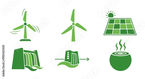 Set of Green Renewable Energy Icons: Wind, Solar, Hydroelectric, and Geothermal Power Sources Symbols Collection