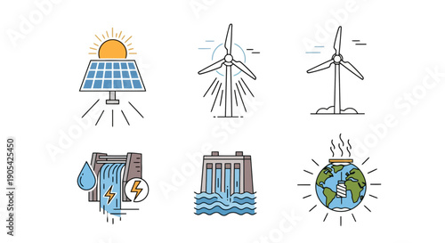 Renewable Energy Sources Icons Set. Vector line illustrations of solar, wind, hydro, and geothermal power for sustainability and eco-friendliness concepts.
