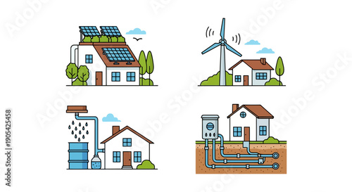 Renewable energy and sustainable living concepts for homes. Solar, wind, geothermal power and rainwater harvesting systems flat outline vector illustration.