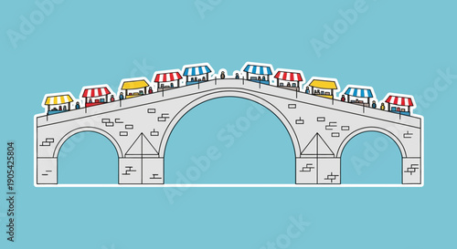Bridge with Marketplace Stalls and Arches on a Clear Day Sky Background
