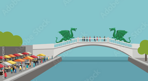 Vector illustration of a landmark city bridge with dragon statues by a market