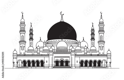Majestic outline drawing of a grand mosque featuring a large central dome and multiple towering minarets