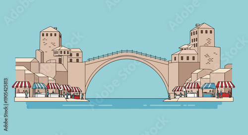 Historic stone arch bridge over flowing river, old town with vibrant market stalls