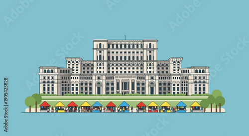 A detailed vector art of a neoclassical government building with a festive fair