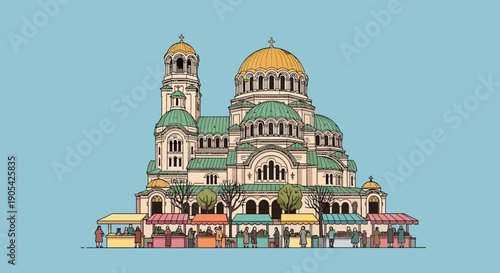 Majestic historic cathedral overlooking a vibrant bustling market square in the city