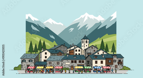 Flat design illustration of a charming mountain town market with towering peaks